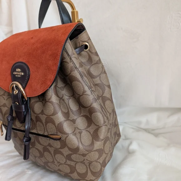 Coach Kleo Backpack Suede & Leather Monogram Signature C Orange Brown Gold Black - Picture 3 of 9